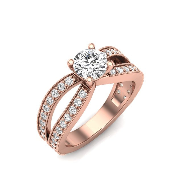 Round Solitaire Split Shank Pave Band Engagement Ring