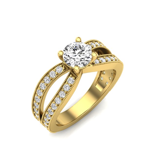 Round Solitaire Split Shank Pave Band Engagement Ring